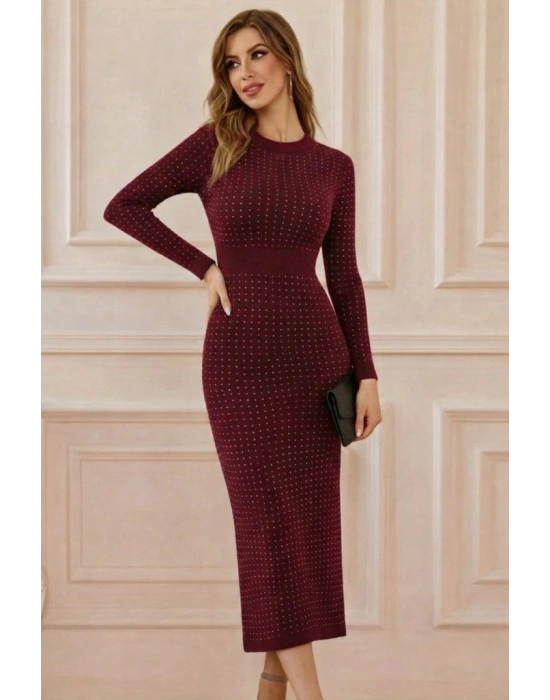 Kadın Uzun Kollu Bisiklet Yaka Taşlı Midi Kadife Elbise
