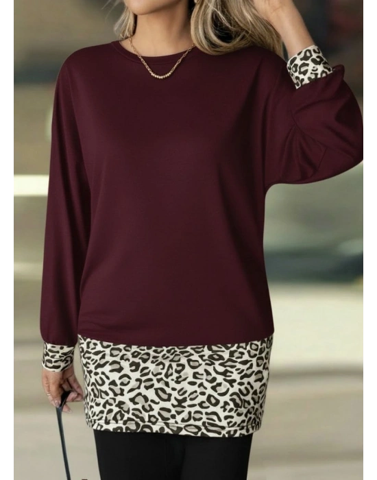 Kadın Uzun Kollu Bisiklet Yaka üst Viskon Iki Iplik Alt Leopar Desenli Mini Elbise