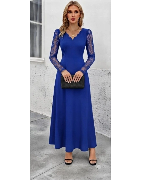 Kadın Uzun Kollu Dalgalı V Yakalı Dantelli Uzun Janjan Krep Elbise
