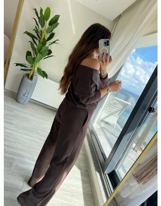 Kadın Uzun Kollu Tek Omuzdan Açık Modal Bluz Ve Pantolon Ikili Takım