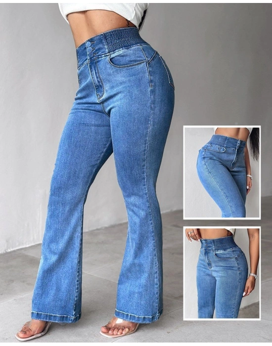 Kadın Yüksek Bel Yanları Lastik önü Düğmeli Kot Pantolon