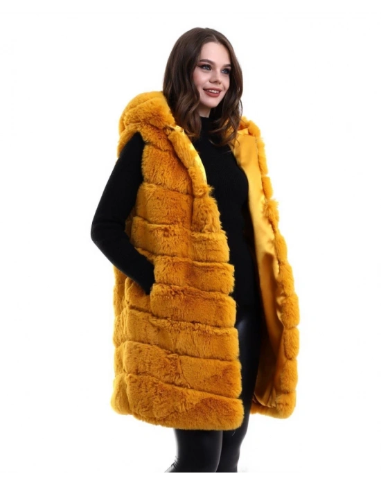 Kapşonlu Peluş Kürk Yelek Premium Kalite, Tam Astarlı, Uzun Model - Sarı