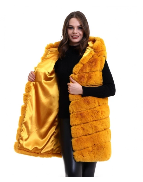 Kapşonlu Peluş Kürk Yelek Premium Kalite, Tam Astarlı, Uzun Model - Sarı