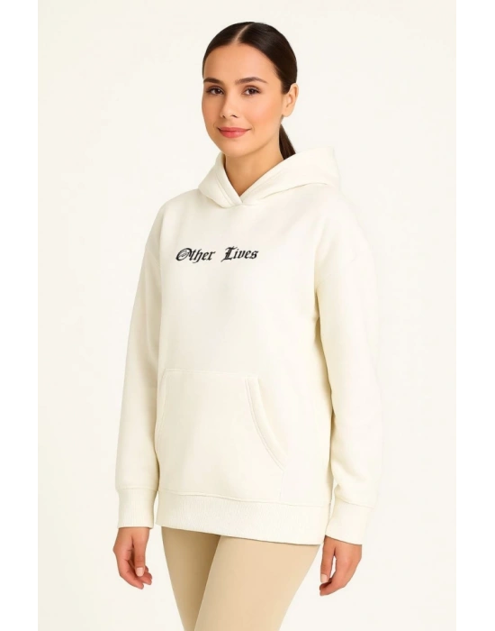 Kapşonlu Sweatshirt – Oversize Üç İplik Şardonlu Hoodie, “Other Lives” Ön - Arka Baskılı, Kanguru Cepli, Kışlık Rahat Günlük Stil - Beyaz