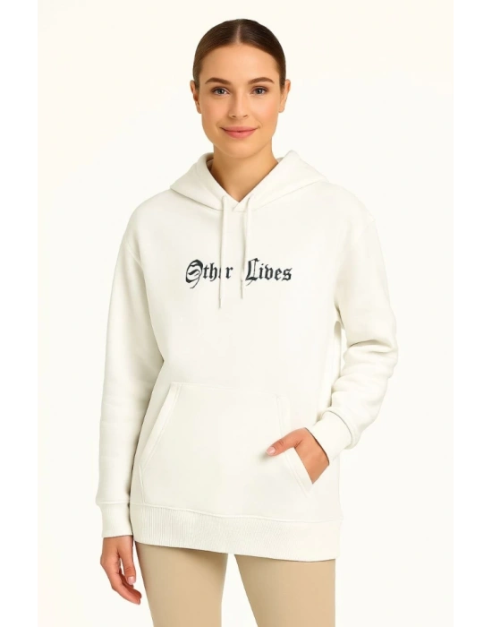 Kapşonlu Sweatshirt – Oversize Üç İplik Şardonlu Hoodie, “Other Lives” Ön - Arka Baskılı, Kanguru Cepli, Kışlık Rahat Günlük Stil - Beyaz