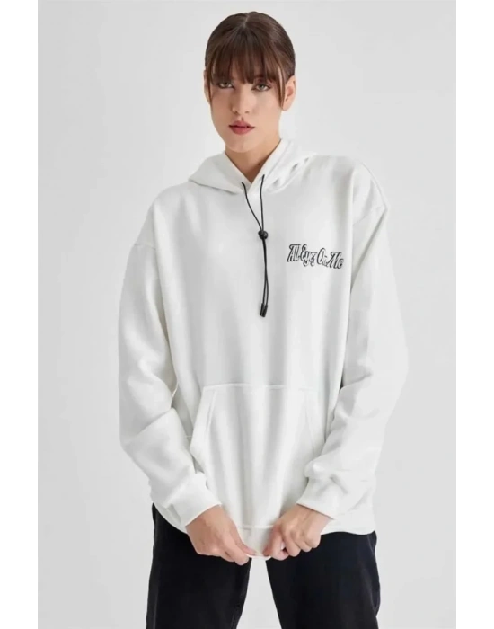 Kapüşonlu Sırt Baskılı Üç İplik Oversize Sweatshirt - Beyaz