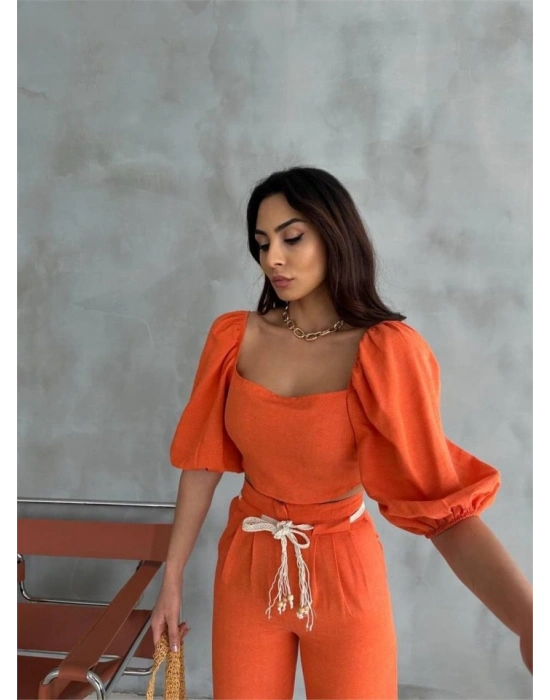 KETEN CROP KARPUZ KOL BLUZ-PANTOLON HASIR KEMERLİ - Orange