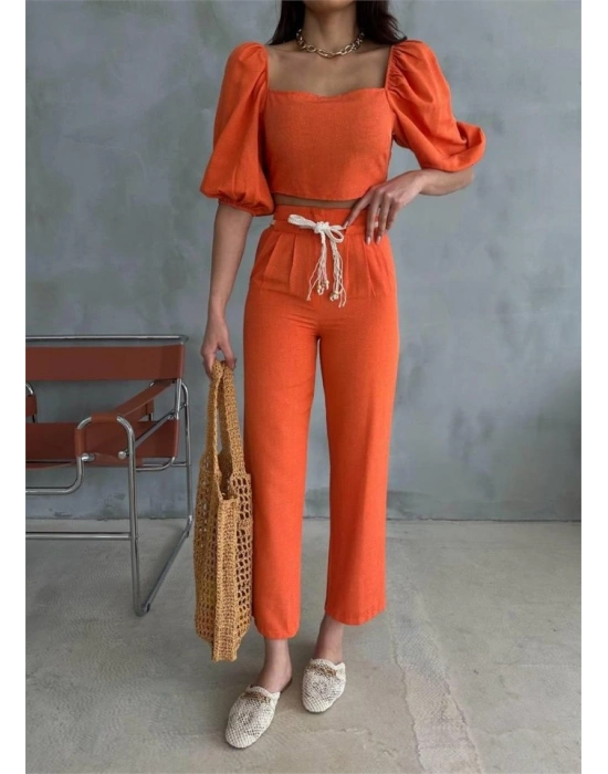 KETEN CROP KARPUZ KOL BLUZ-PANTOLON HASIR KEMERLİ - Orange