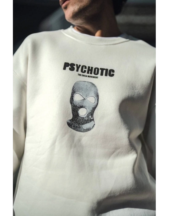 Kışlık Bisiklet Yaka Baskılı SweatShirt - Beyaz