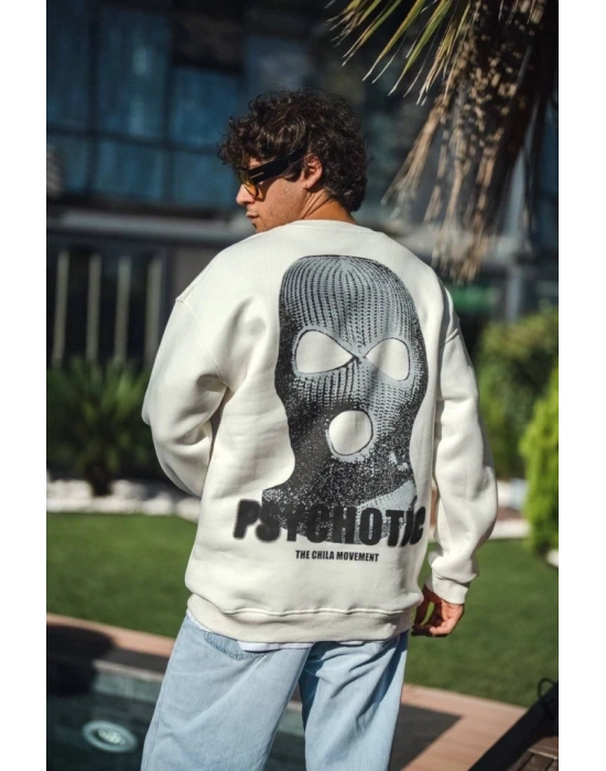 Kışlık Bisiklet Yaka Baskılı SweatShirt - Beyaz