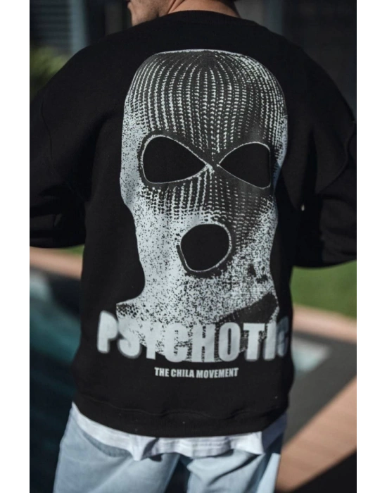 Kışlık Bisiklet Yaka Baskılı SweatShirt - Siyah
