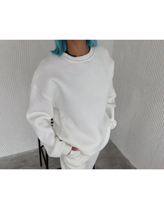Kışlık Bisiklet Yaka Üç İplik Basic SweatShirt - Beyaz