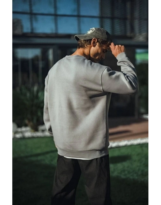 Kışlık Bisiklet Yaka Üç İplik Basic SweatShirt - Boyalı Gri