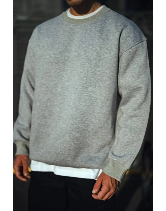 Kışlık Bisiklet Yaka Üç İplik Basic SweatShirt - Gri