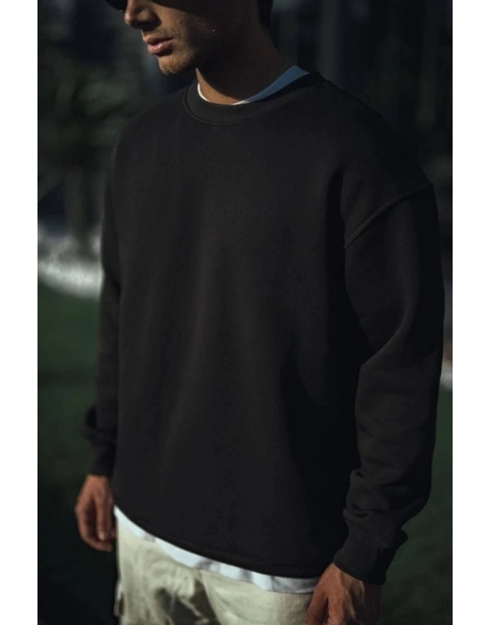 Kışlık Bisiklet Yaka Üç İplik Basic SweatShirt - Siyah