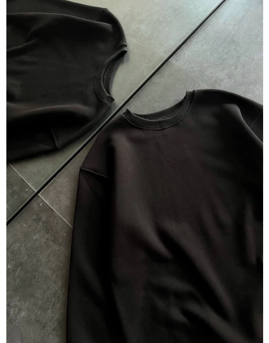 Kışlık Bisiklet Yaka Üç İplik Basic SweatShirt - Siyah