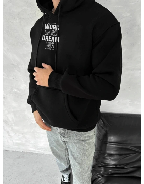 Kışlık Üç İplik Kapşonlu SweatShirt - Siyah