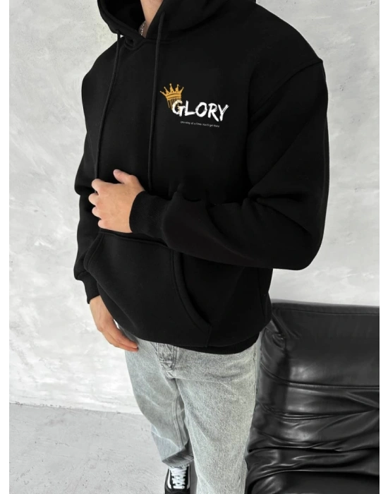 Kışlık Üç İplik Kapşonlu SweatShirt - Siyah