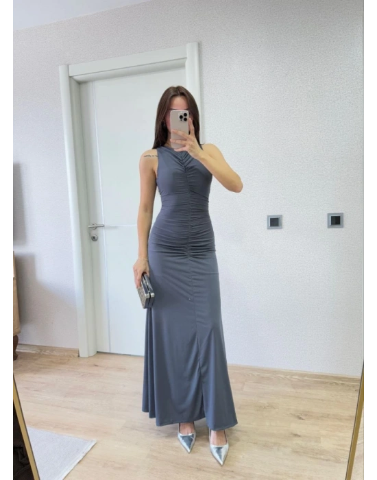 Kolsuz Büzgülü Uzun Elbise - Füme