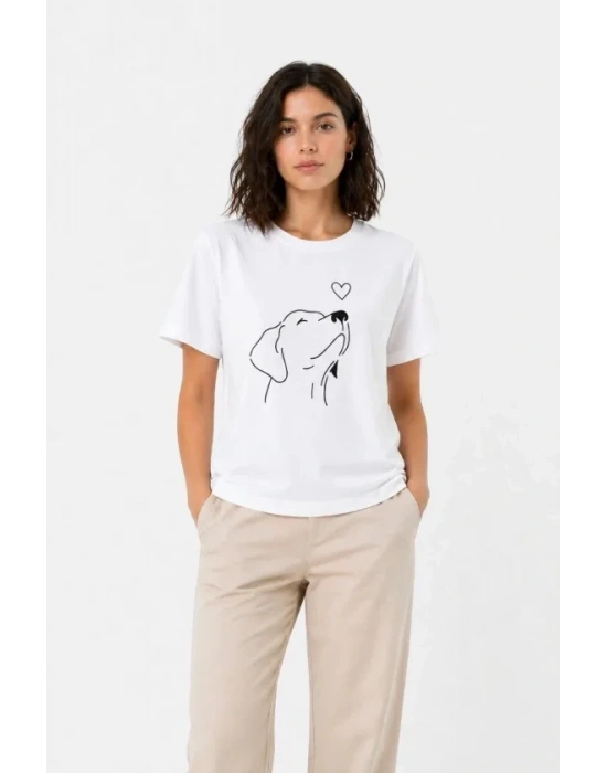 Köpek Figürlü Minimal Baskılı Tişört Kısa Kol Yazlık T-Shirt - Beyaz