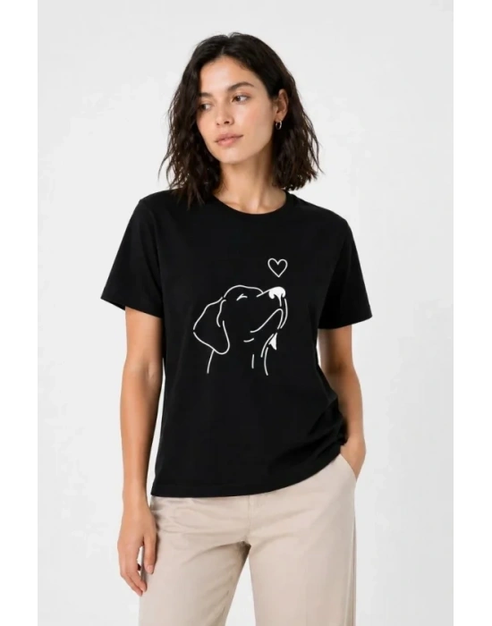 Köpek Figürlü Minimal Baskılı Tişört Kısa Kol Yazlık T-Shirt - Siyah