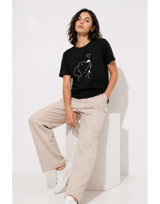 Köpek Figürlü Minimal Baskılı Tişört Kısa Kol Yazlık T-Shirt - Siyah