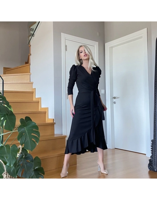 Krep Kumaş Midi Boy Kuşaklı Uzunkol Elbise 113 Cm