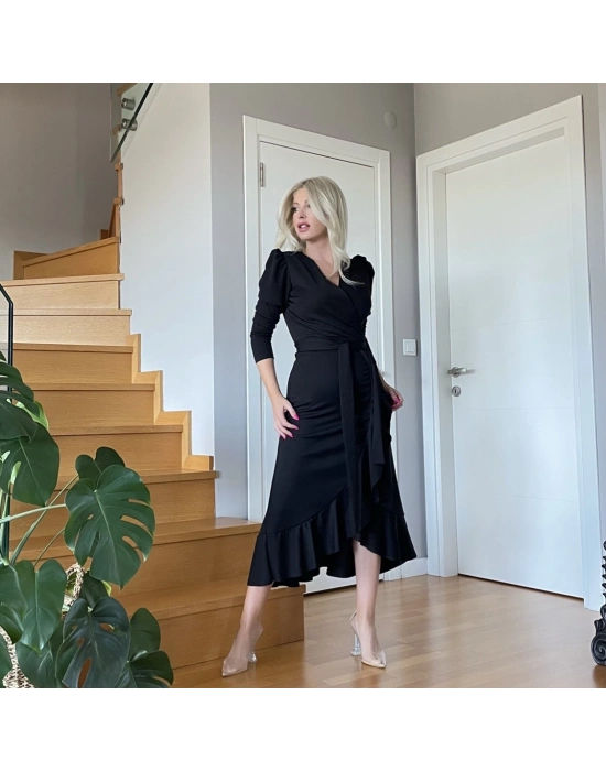 Krep Kumaş Midi Boy Kuşaklı Uzunkol Elbise 113 Cm
