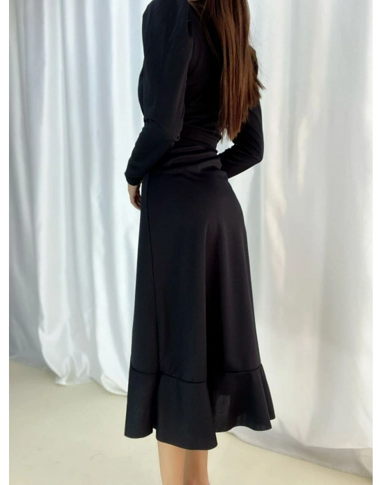 Krep Kumaş Midi Boy Kuşaklı Uzunkol Elbise 113 Cm