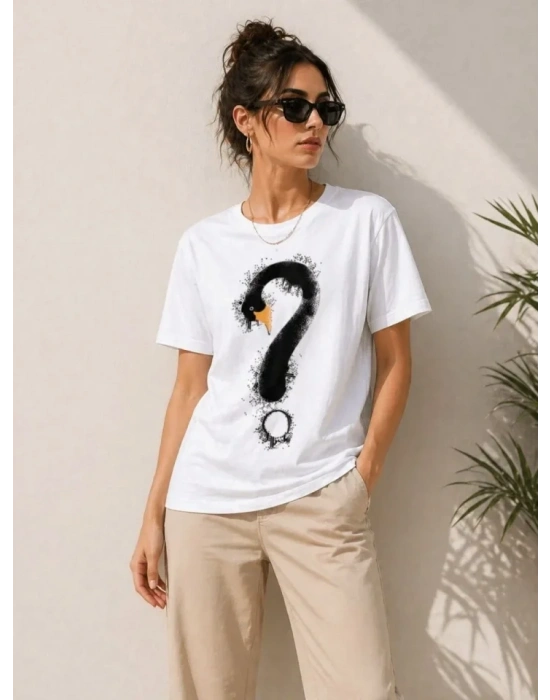 Kuğu Figürlü Soru İşareti Baskılı Tişört Kısa Kol T-Shirt - Beyaz