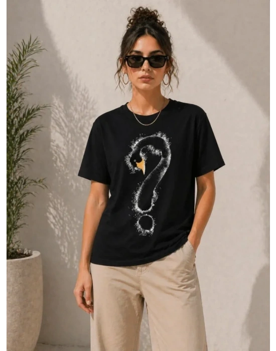 Kuğu Figürlü Soru İşareti Baskılı Tişört Kısa Kol T-Shirt - Siyah