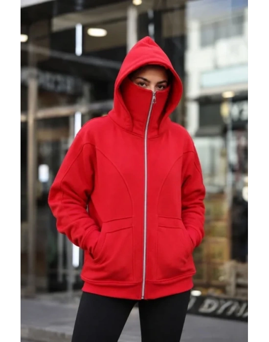 Maskeli Ninja Model Çift Kapüşonlu 3 İplik Şardonlu Fermuarlı Oversize Sweatshirt - Kırmızı