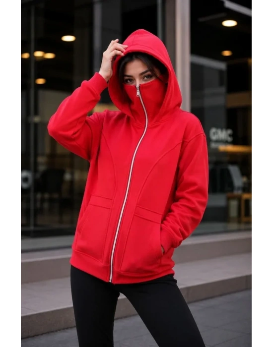 Maskeli Ninja Model Çift Kapüşonlu 3 İplik Şardonlu Fermuarlı Oversize Sweatshirt - Kırmızı