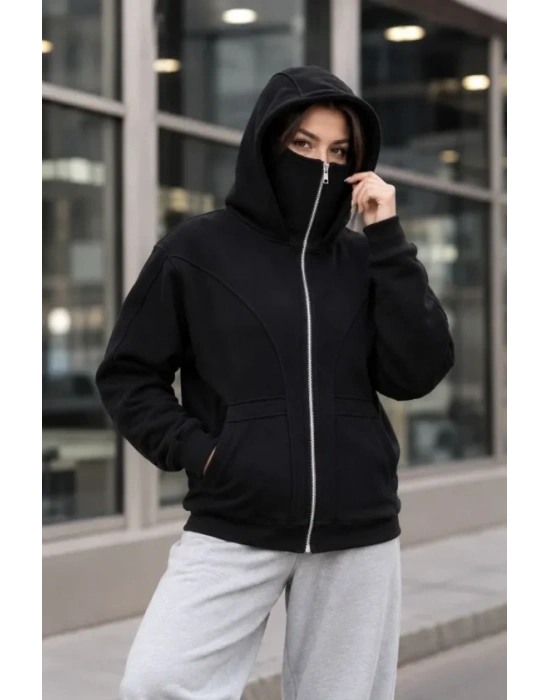 Maskeli Ninja Model Çift Kapüşonlu 3 İplik Şardonlu Fermuarlı Oversize Sweatshirt - Siyah