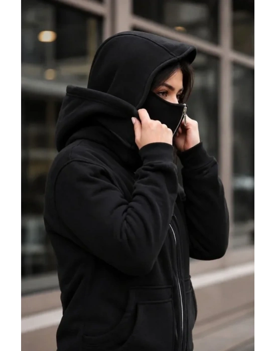 Maskeli Ninja Model Çift Kapüşonlu 3 İplik Şardonlu Fermuarlı Oversize Sweatshirt - Siyah