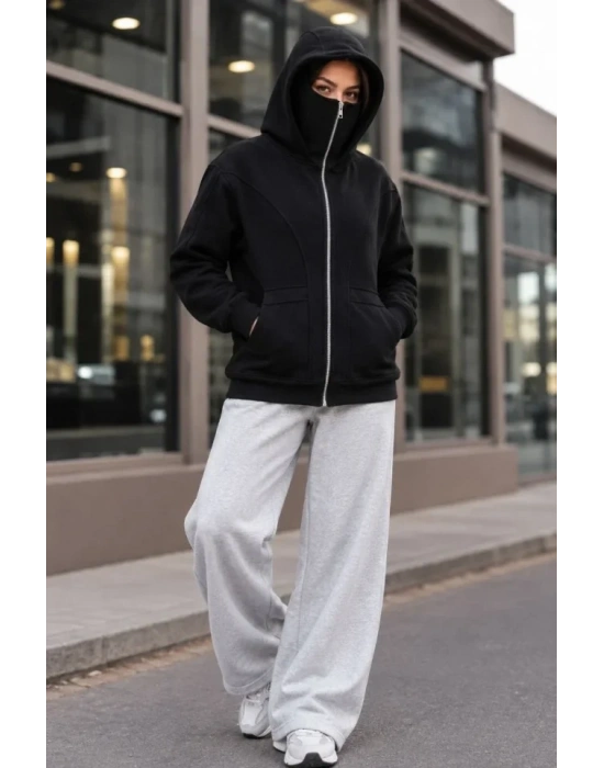 Maskeli Ninja Model Çift Kapüşonlu 3 İplik Şardonlu Fermuarlı Oversize Sweatshirt - Siyah