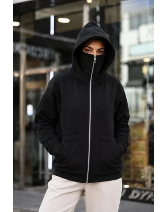 Maskeli Ninja Model Çift Kapüşonlu 3 İplik Şardonlu Fermuarlı Oversize Sweatshirt - Siyah