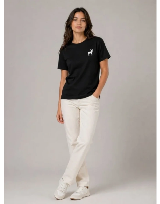 Minimal Geyik Logolu Tişört Bisiklet Yaka Kısa Kol Yazlık T-Shirt - Siyah