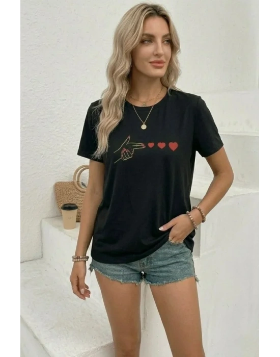 Minimal Kalp İşaret Baskılı Tişört Kısa Kol Yazlık T-Shirt - Siyah