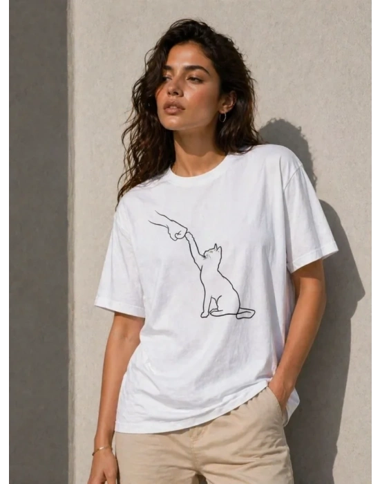 Minimal Kedi Çizim Baskılı Tişört Kısa Kol Yazlık T-Shirt - Beyaz