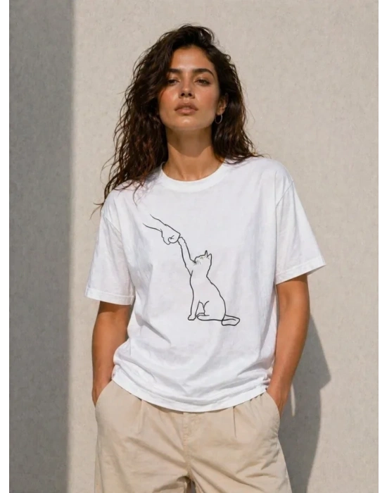 Minimal Kedi Çizim Baskılı Tişört Kısa Kol Yazlık T-Shirt - Beyaz