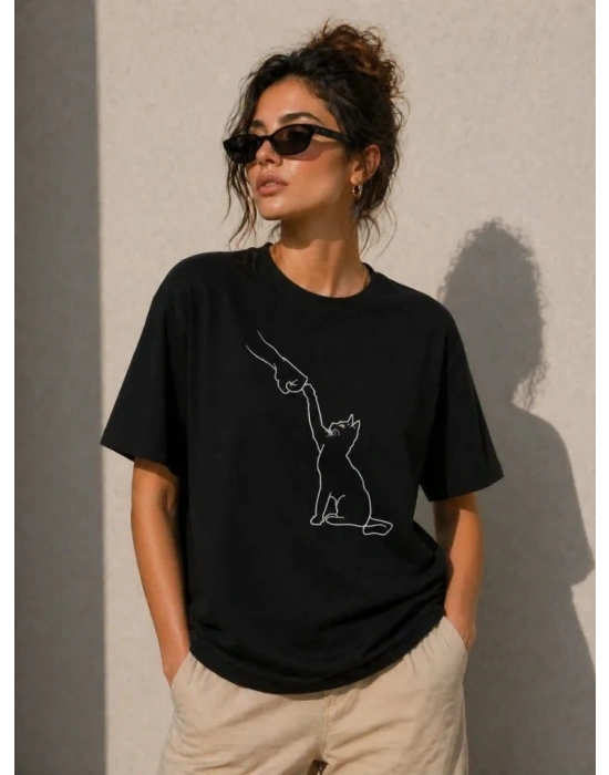Minimal Kedi Çizim Baskılı Tişört Kısa Kol Yazlık T-Shirt - Siyah