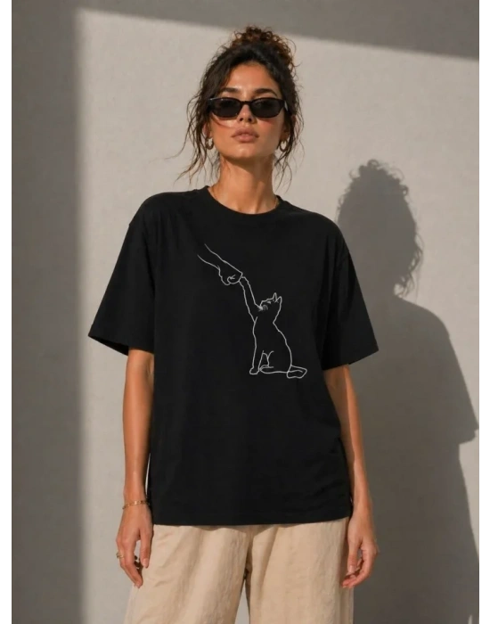 Minimal Kedi Çizim Baskılı Tişört Kısa Kol Yazlık T-Shirt - Siyah