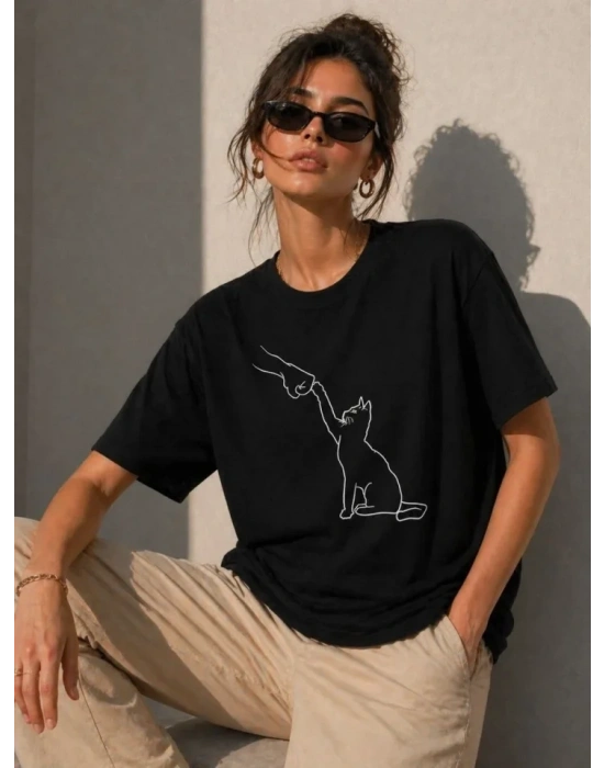 Minimal Kedi Çizim Baskılı Tişört Kısa Kol Yazlık T-Shirt - Siyah