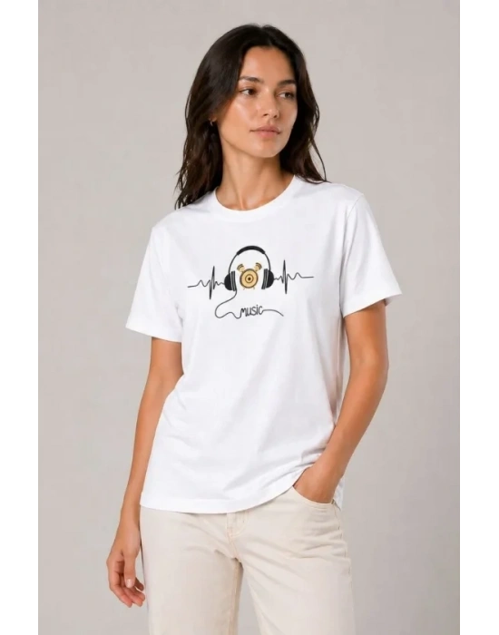 Müzik Temalı Baskılı Tişört Bisiklet Yaka Kısa Kol T-Shirt - Beyaz