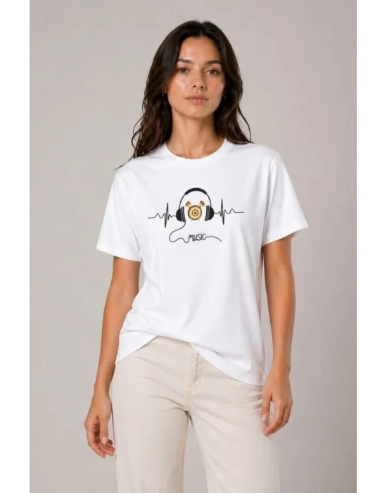 Müzik Temalı Baskılı Tişört Bisiklet Yaka Kısa Kol T-Shirt - Beyaz