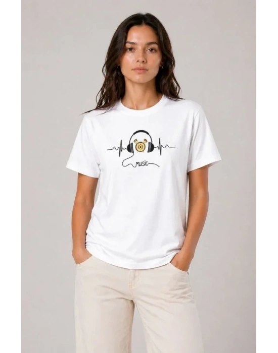 Müzik Temalı Baskılı Tişört Bisiklet Yaka Kısa Kol T-Shirt - Beyaz