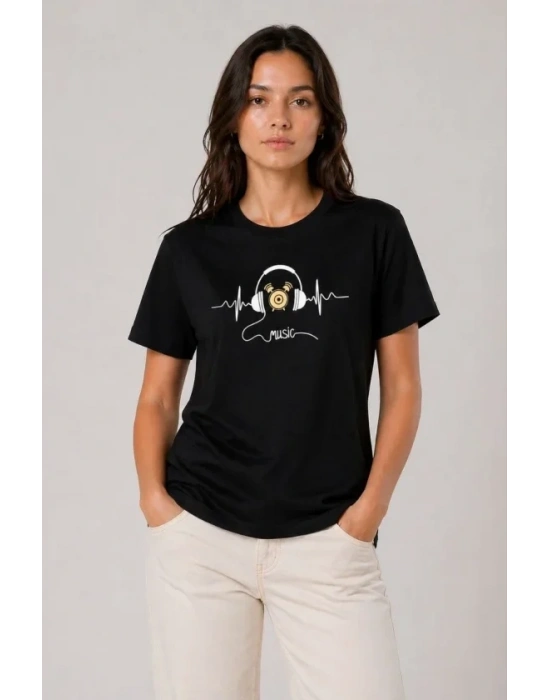 Müzik Temalı Baskılı Tişört Bisiklet Yaka Kısa Kol T-Shirt - Siyah