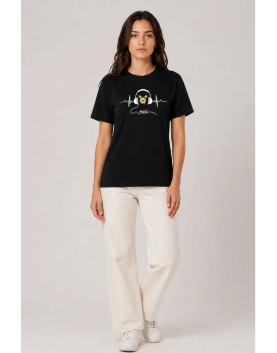 Müzik Temalı Baskılı Tişört Bisiklet Yaka Kısa Kol T-Shirt - Siyah