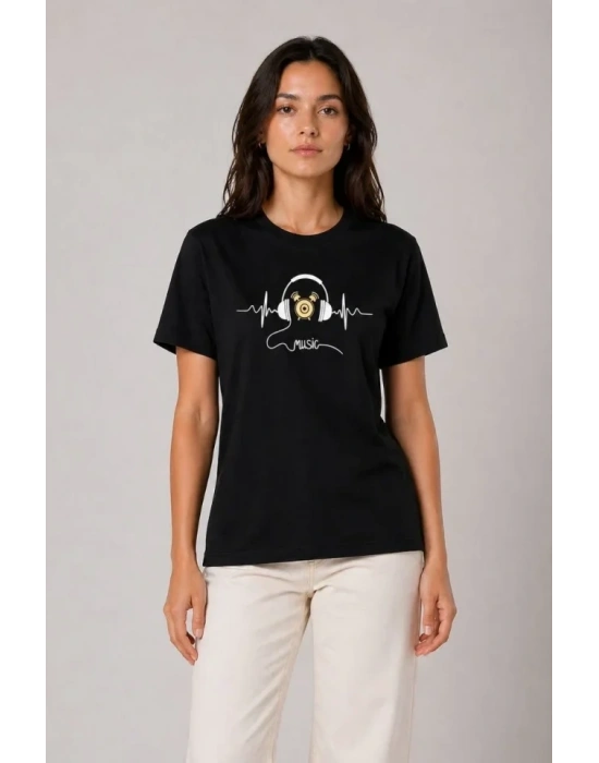Müzik Temalı Baskılı Tişört Bisiklet Yaka Kısa Kol T-Shirt - Siyah